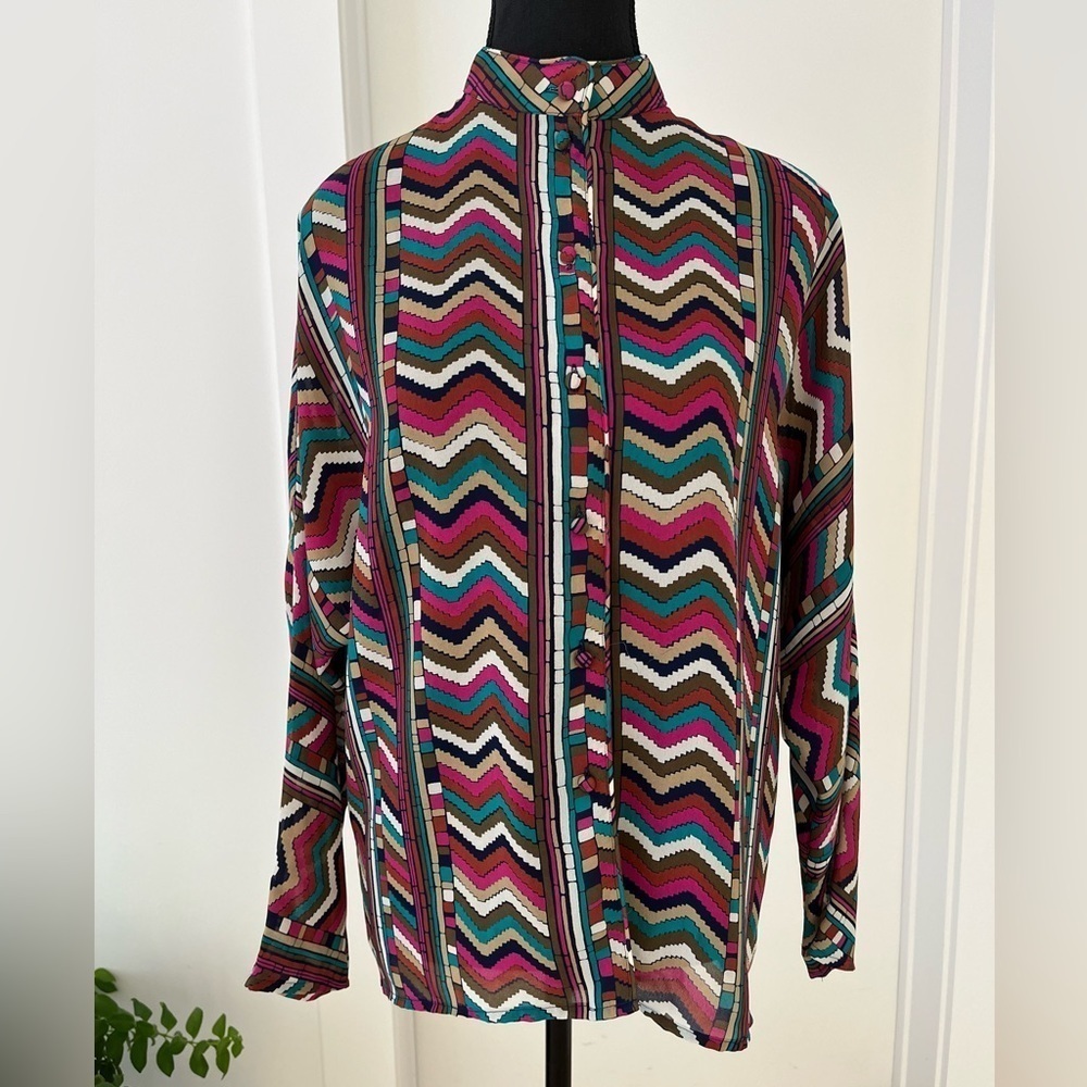 REGINA PORTER Vintage Button Front Long Sleeve Multi Colour Zig Zag Sheer Blouse